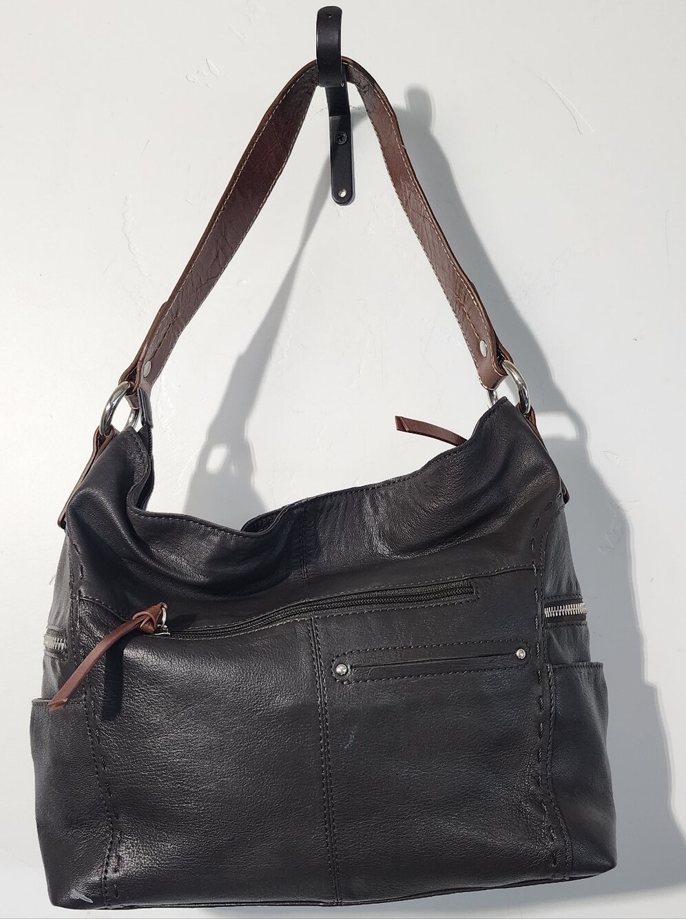 Leather Shoulder Bag in Dark Brown with Contrast Strap